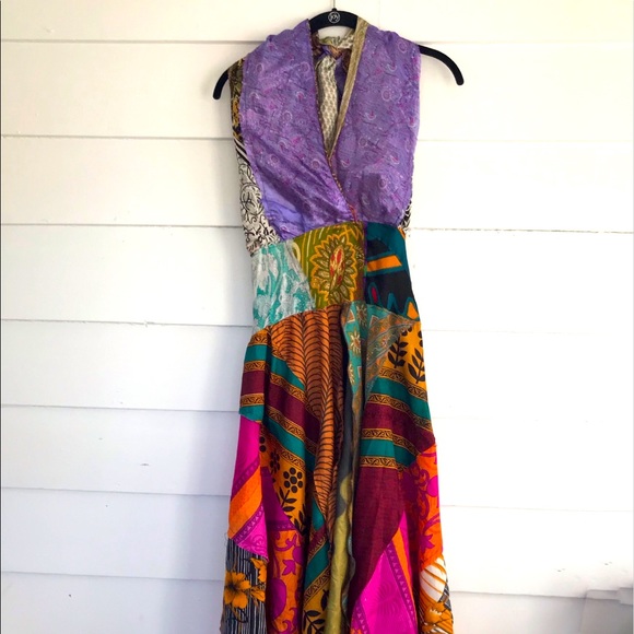 100% Silk Patchwork Halter Top Dress One size - Picture 1 of 4